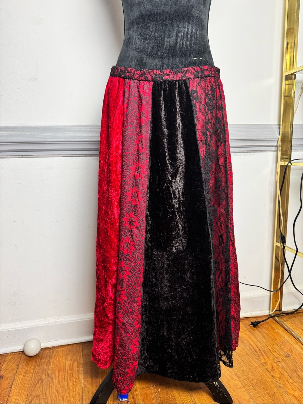 Choices Red and Black Velvet Panel Maxi Skirt
